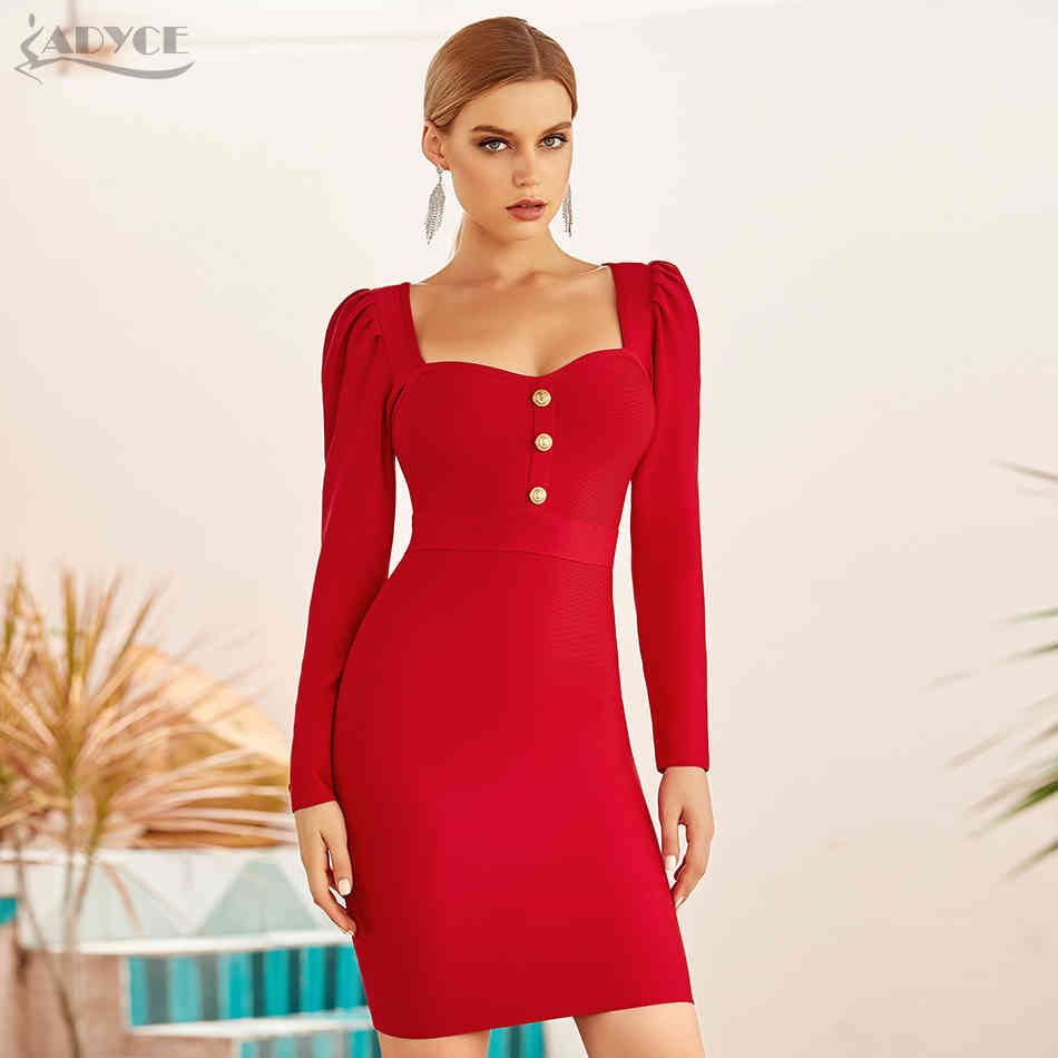 Winter Red Long Sleeve Bodycon Bandage Dress Women Sexy Strapless Mini Club Celebrity Evening Runway Party 210423