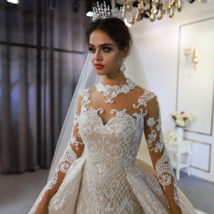 Elegant Mermaid Wedding Dress With Overskirts Dresses Illusion High Neck Long Sleeve Bridal Gowns De Soiree Turkish Couture Beads Custom Made
