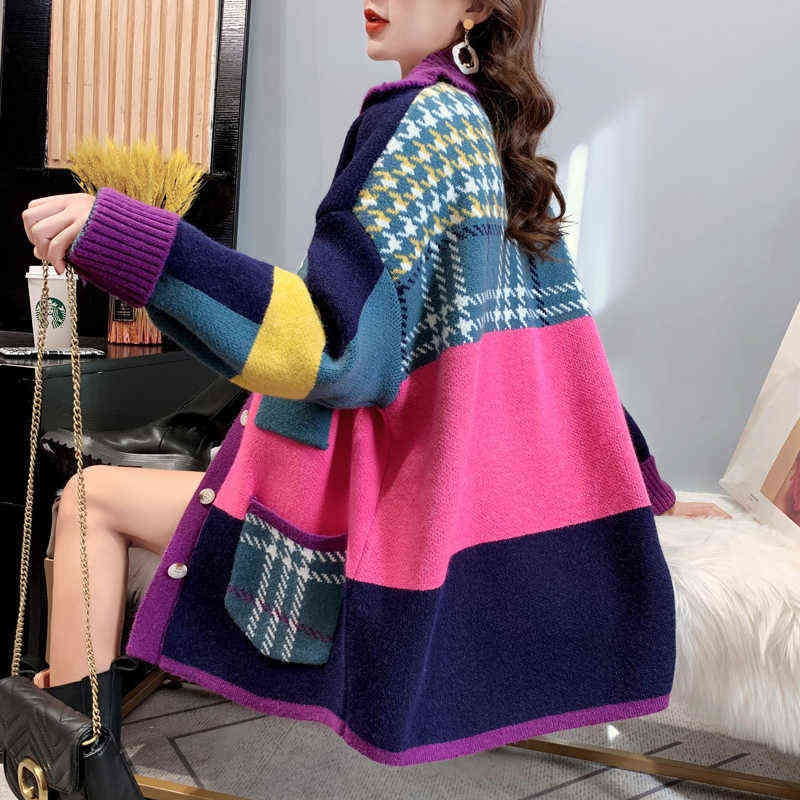 TIGENA Autumn Winter Women Long Cardigan Contrast Print Pocket Button Oversize Sweater Cardigan Female Street Jacket Coat 211117