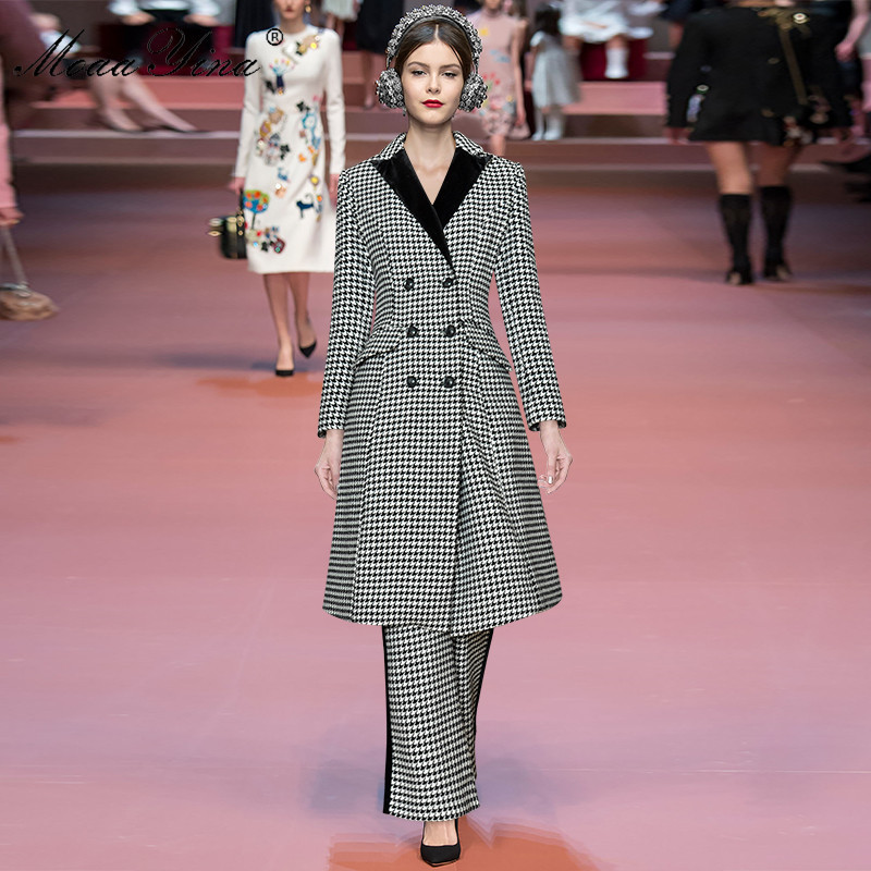 Winter Fashion Set Women's Lantern Sleeve Double breasted Windbreaker Overcoat Tops+Trousers Houndstooth Two-piece set 210524