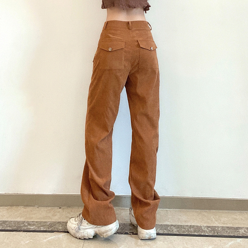 women Long Corduroy Pants middle waist straight long trousers pockets styled Casual female pants 210524
