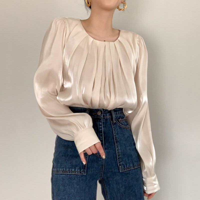Causal O-neck Women Blouse Korean Thin Pleated Shirt Tops Spring Summer Puff Sleeve Blusas Mujer De Moda 210519