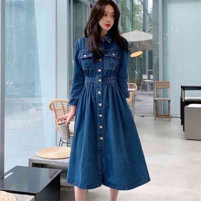 Spring Autumn Fashion Vintage Denim Lapel Collar Single-Breasted High Elastic Waist Casual Long Dress Female Vestidos 210519, Blue
Spring Autumn Fashion Vintage Denim Lapel Collar Single-Breasted High Elastic Waist Casual Long Dress Female Vestidos 210519, Blue