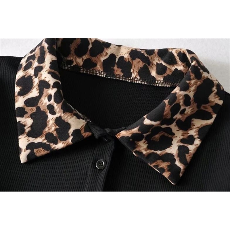Y2K Stylish Black Leopard Lapel Patchwork Cropped Long Sleeve T-shirt Crop Top Chic Woman Slim Fit t shirt Basic tee 210429