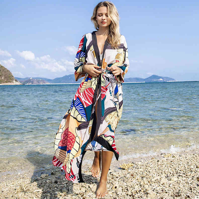 Sexy Bikini Cover-ups Cotton Tunic Boho Printed Summer Beach Dress Elegant Women Plus Size Wear Swim Suit Cover Up Q1116 210420