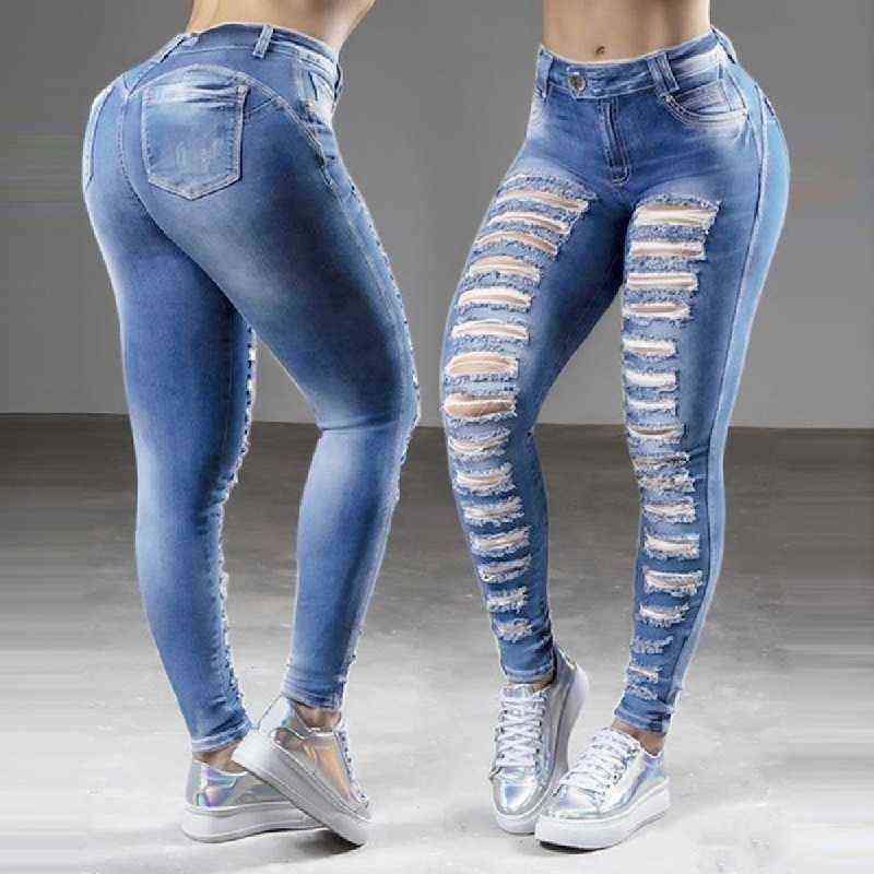 Women Jeans High Waisted Straight Skinny Stretchy Pant Streetwear Ladies Hole Washed Bandage Denim Pencil Pants Trousers 211112