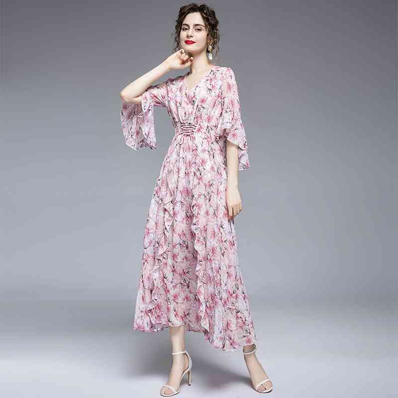 Sweet Pink Floral Printed Chiffon Long Dress Women Summer V-neck Ruffles Flare Sleeve Elastic Waist Casual Holiday 210603
Sweet Pink Floral Printed Chiffon Long Dress Women Summer V-neck Ruffles Flare Sleeve Elastic Waist Casual Holiday 210603