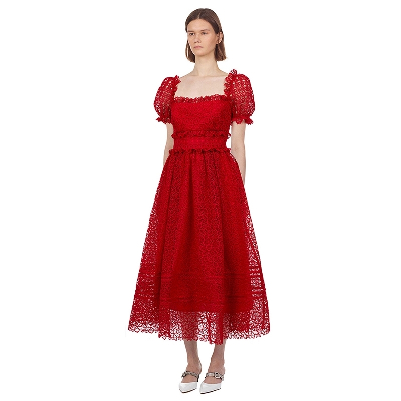 Runway Summer Self Portrait Women Square Collar Ruffles Long Dresses Puff Sleeve Hollow Out High Waist Holiday Party Dress 210506