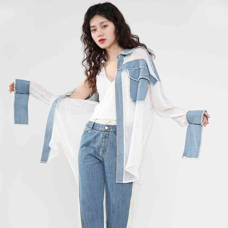 [EAM] Women Chiffon Burrs Denim Big Size Blouse Lapel Long Sleeve Loose Fit Shirt Fashion Spring Autumn 1DD127300 210512