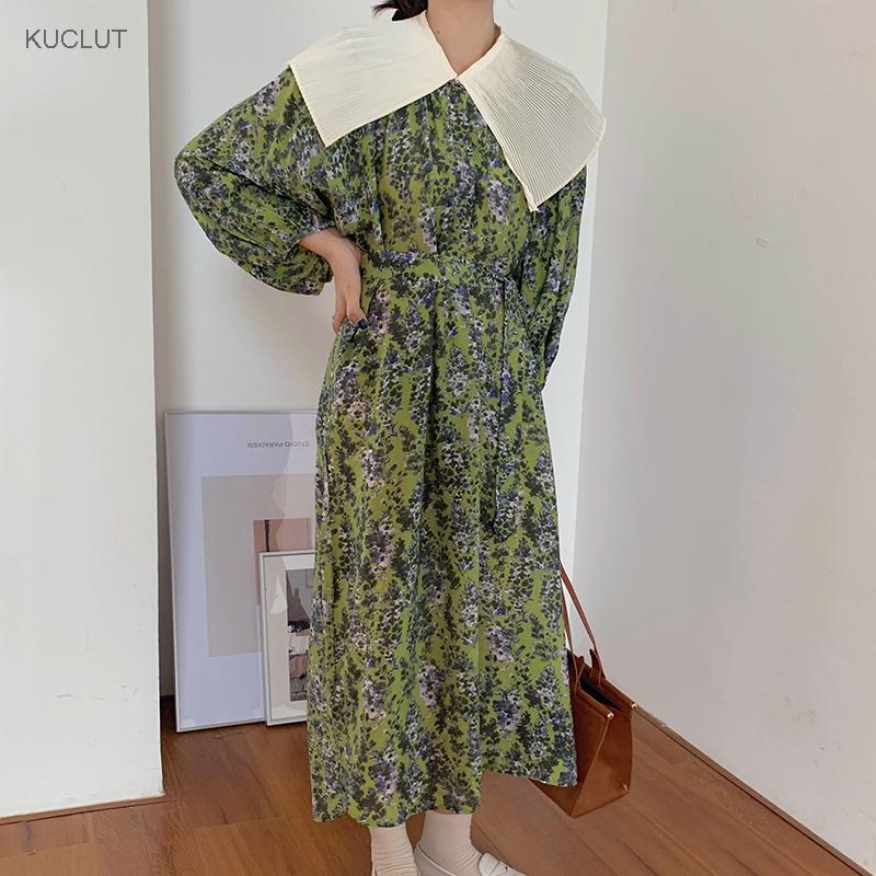 Korean Chic French Detachable Pleated Baby Collar Lace Up Waist Bubble Sleeve Floral Dress Long Skirt Men's Pants