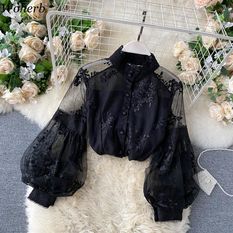 Korean Elegant Puff Long-sleeved Shirt Women Summer Floral Embroidery Blouse Womens Tops Casual Office Mesh Blusas 210519