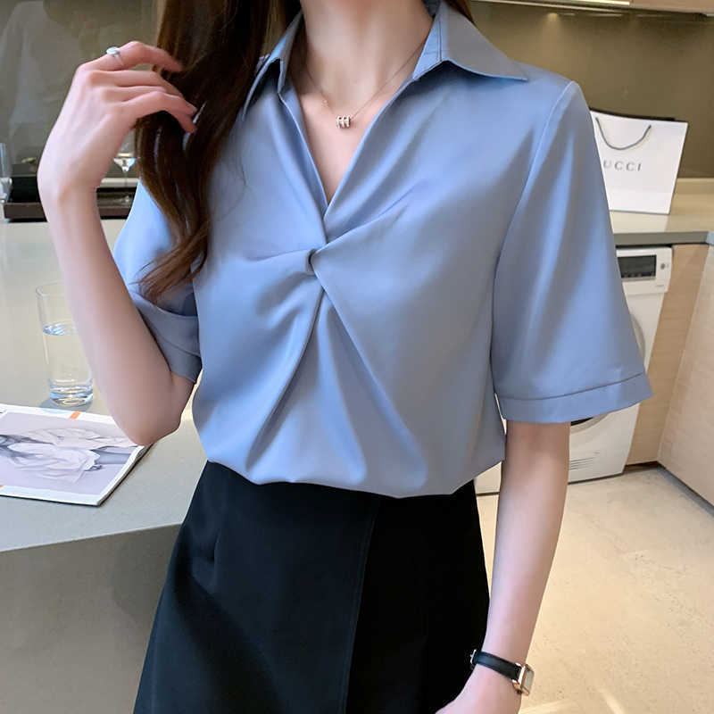 Korean Women' Shirt Chiffon Blouse for Women Blue Short Sleeve Female Top Polo Neck Tops Woman Basic OL 210604, White
Korean Women' Shirt Chiffon Blouse for Women Blue Short Sleeve Female Top Polo Neck Tops Woman Basic OL 210604, White