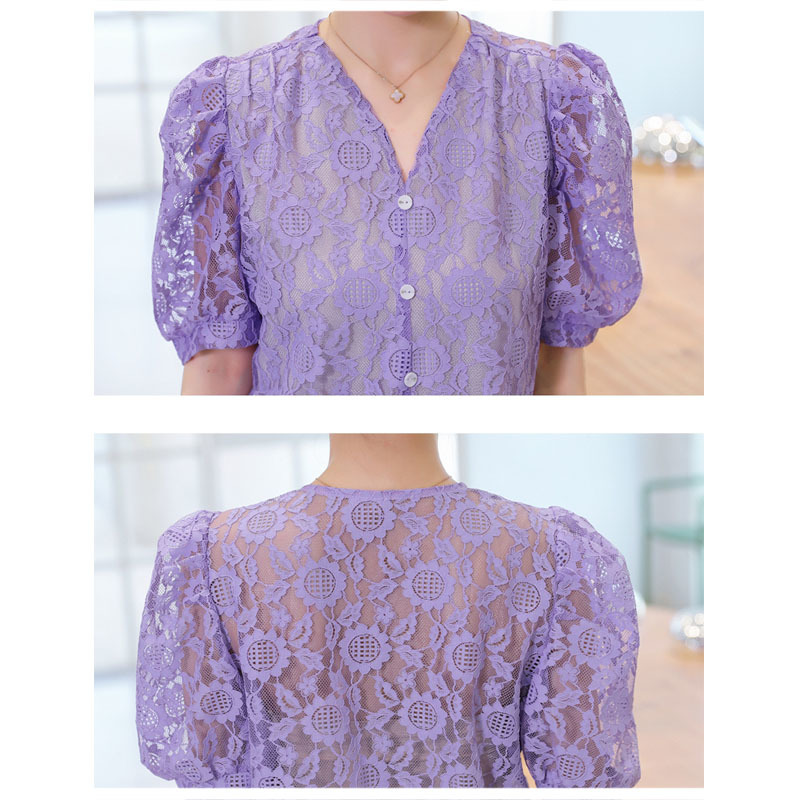 Blusas Mujer De Moda Summer Sexy Lace Puff Sleeve Women Shirt Elegant V-Collar Short Fashion Blouse Tops 9667 210506