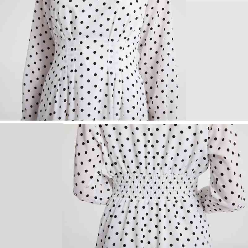 Lizkova White Dot Print Chiffon Dress Women Long Sleeve Elastic Waist Robe Spring Female O-neck Lantern Sleeve Vestio NI001 210409