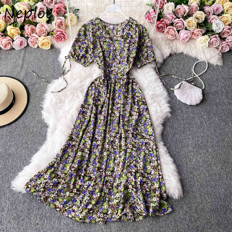 Sexy V-neck Lace Up Femme Vestidos Summer Flower Print A-line Dresses Women Fashion High Waist Big Swing Dress 210422Z