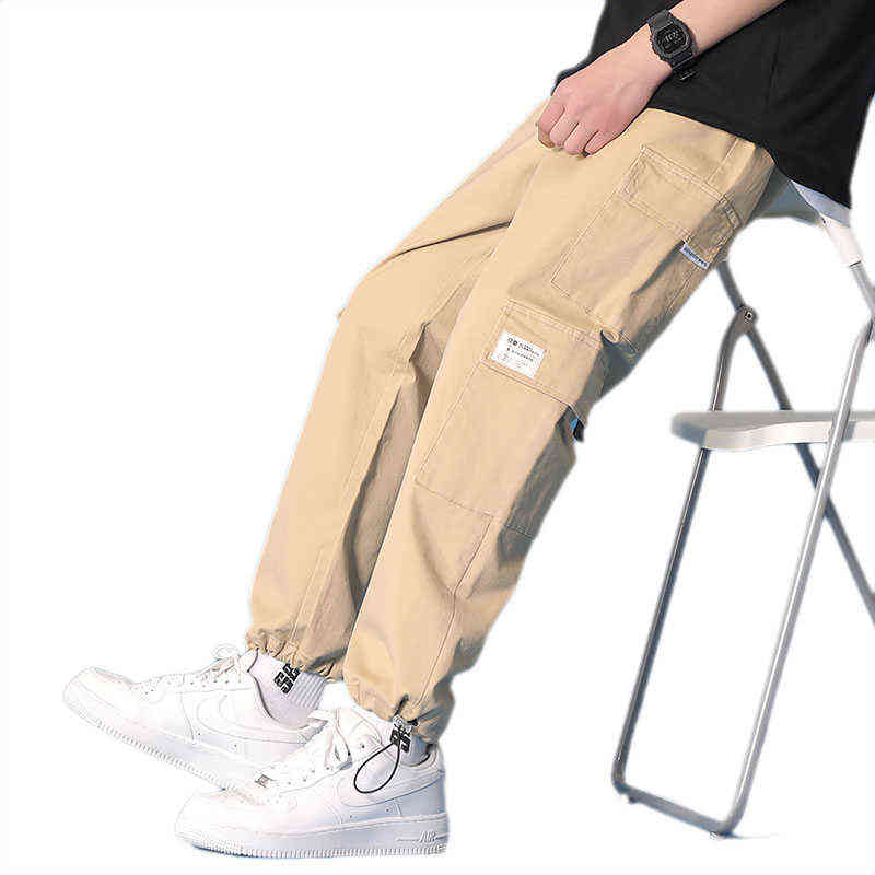 Cargo Pants Men's Spring Leisure Bunched Pants Korean Hong Kong Style Straight Leg Loose Nine Cent Pants Khaki 211119