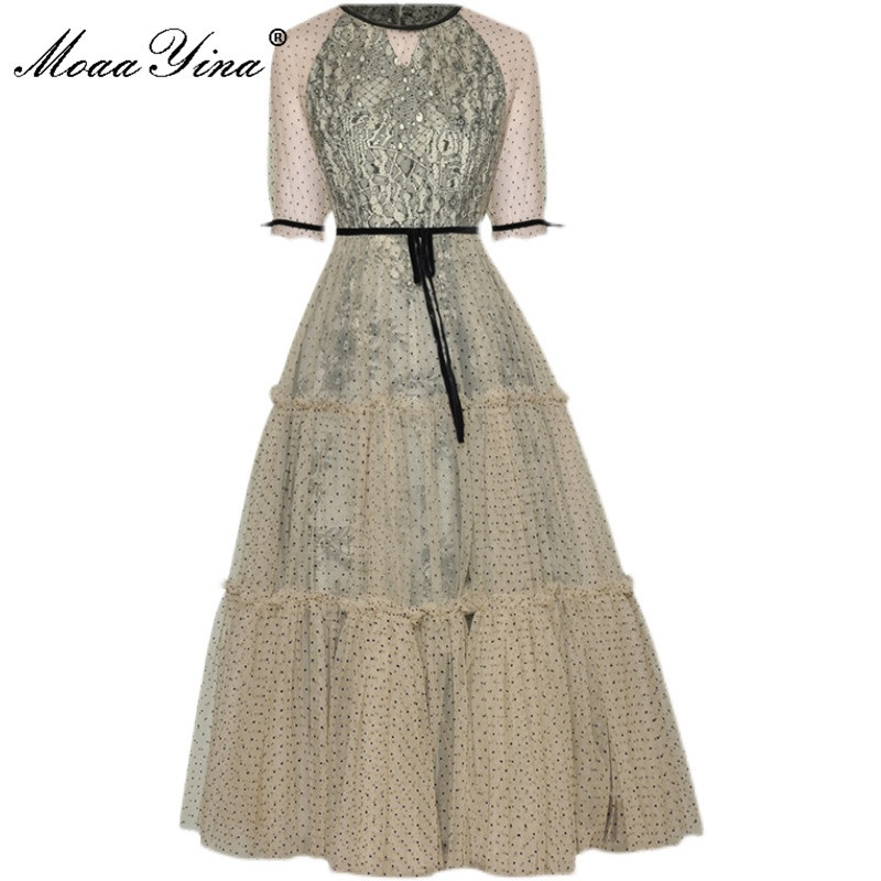 Fashion Runway Summer Elegant Party Dress Women polka dot Print Short sleeve Gorgeous Lace Splicing Mesh Midi 210524