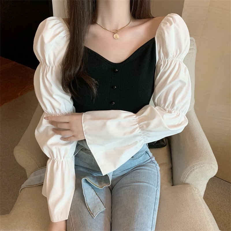 Sexy Tops Woman Sweaters Slash Neck Spring Patchwork Mujer Sueteres Short Slim Ins Pull Femme Clothes 19418 210415
