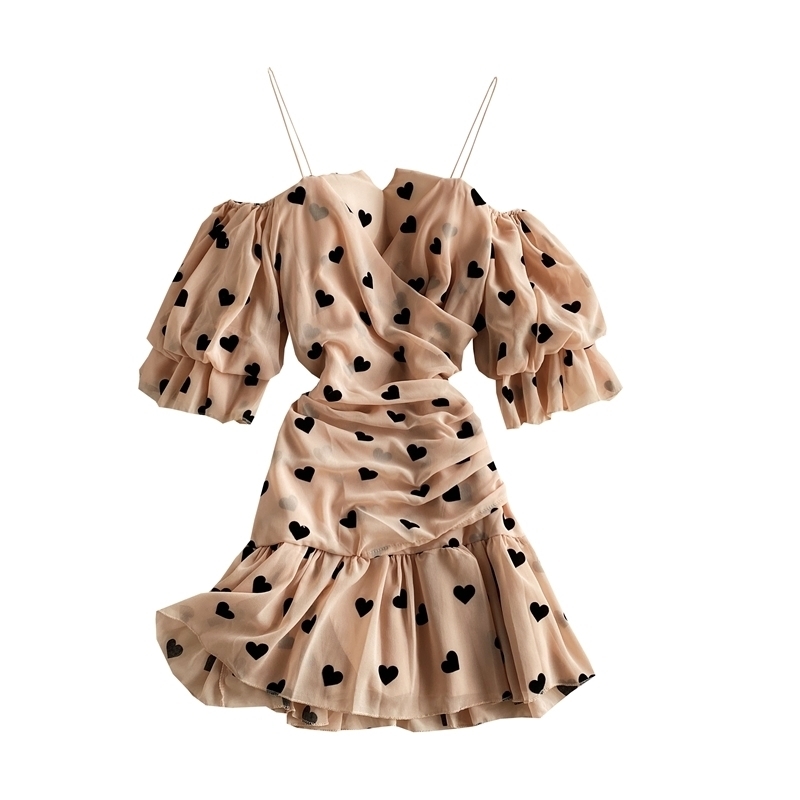 Sexy Mini Pleated Mermaid Chiffon Dress Woman Vintage Robe Summer Heart Print Cute Kawaii Dresses Vestido De Mulher 210519