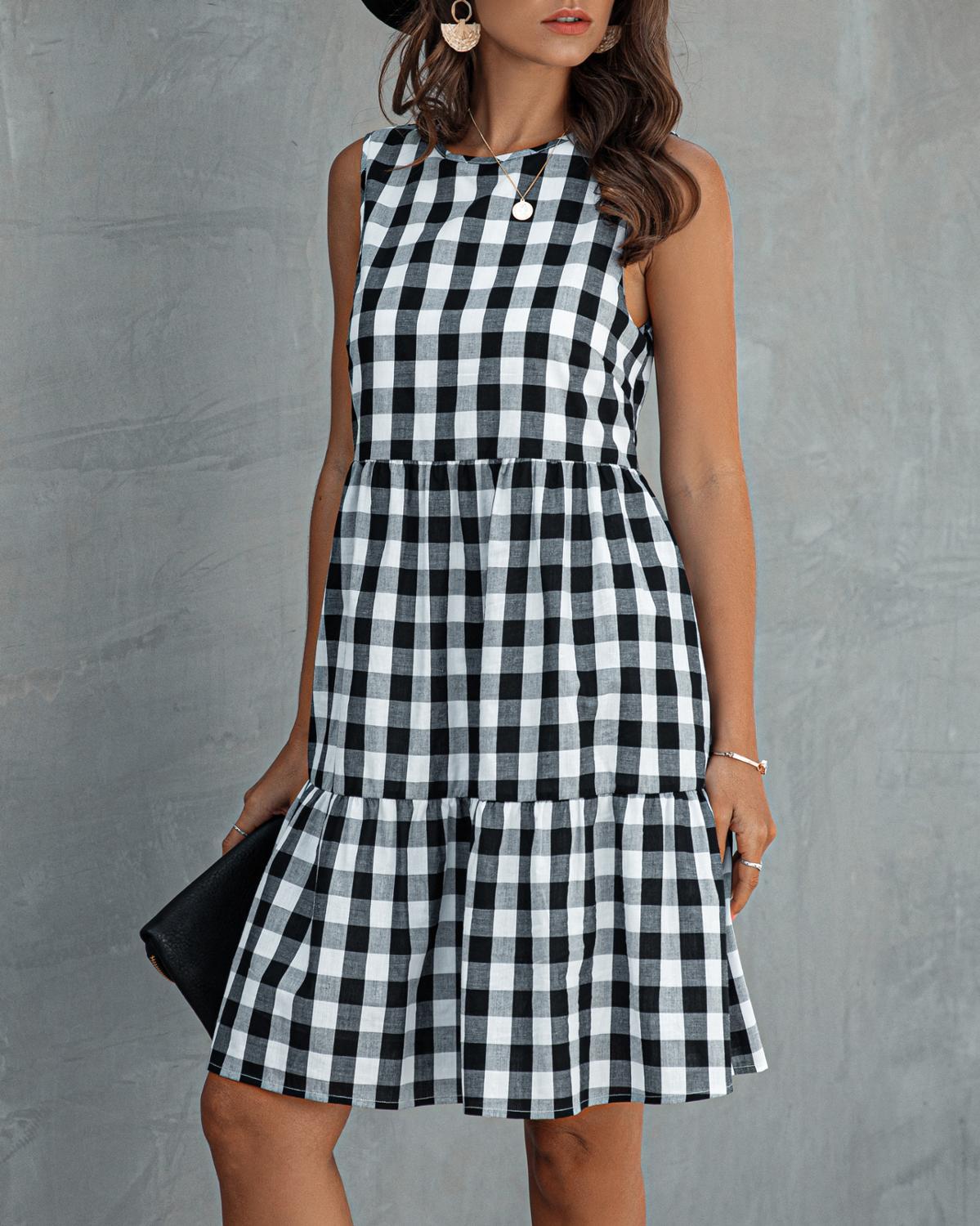 Plaid Dress Women Black A-line Sundresses Pockets Summer Causal Blue Loose Fit Clothes Beach Dress For Women 210521