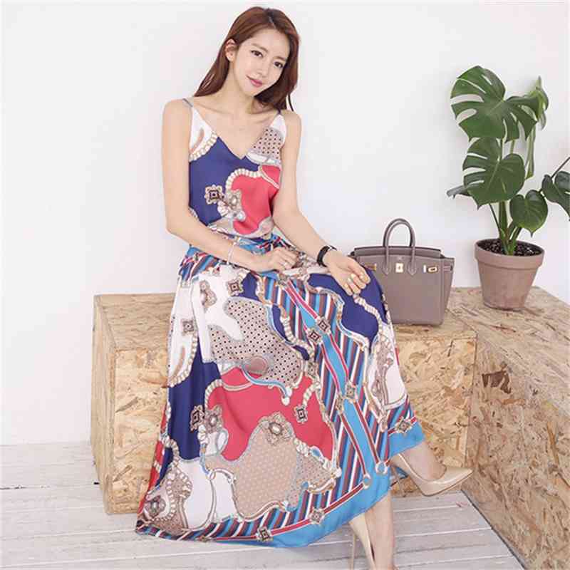 Summer Two Piece Set Women Halter V Neck Spaghetti Strap Top + Long Skirt Satin Silk Fashion Chains Print Suit 210519