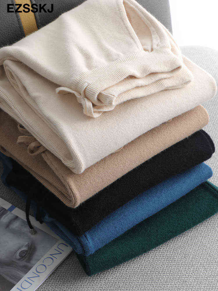 Women Elastic Waist HIGH Quality wide lege Trousers Thick Knitted Autumn Winter Sport pants sweater cashmere 211124Z