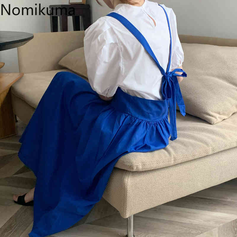 Nomikuma Korean Chic 2Pieces Sets Puff Short Sleeve Blouse Shirt + Bow Tie High Waist A-line Sling Dress Sweet Suits 6F855 210427