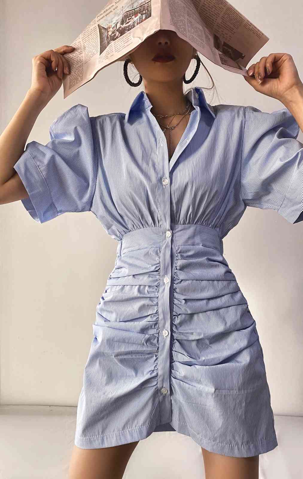 Retro Blue White Striped Pleated Ruched Mini Dress Woman Vintage Buttons Short Sleeve Puff Cuff Shirt Dresses Holiday 210429