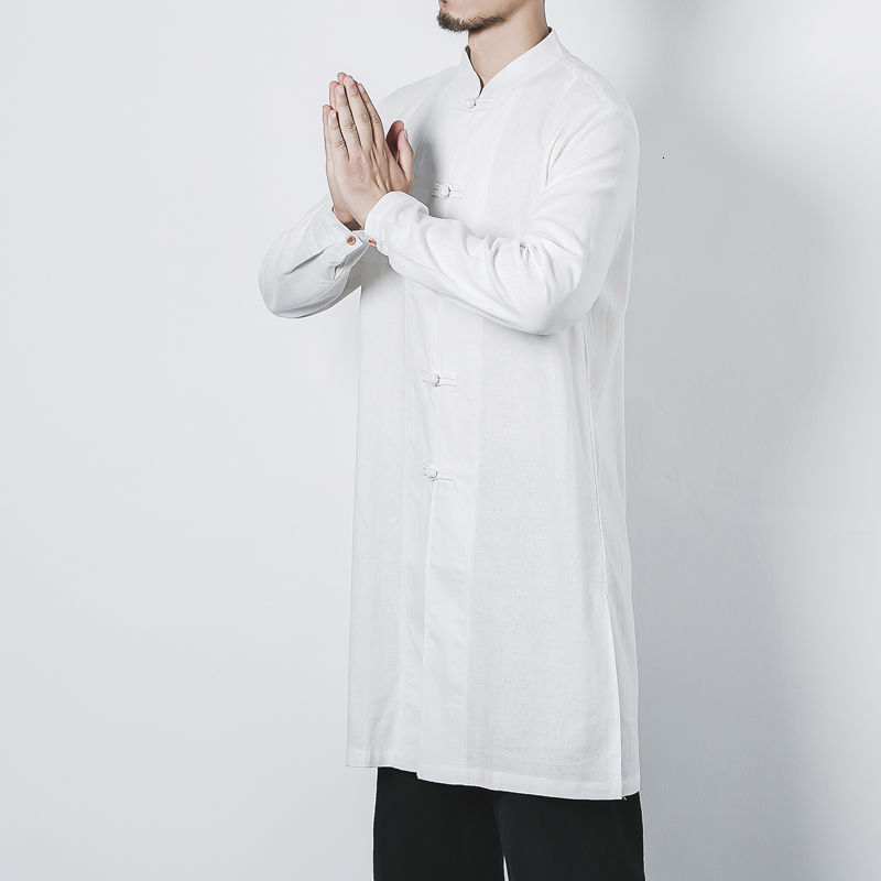 IEFB Chinese Style Big Size Cotton Linen Long Shirt Men's Casual Coil Button Stand Collar Side Split Robe For Male Spring 210524