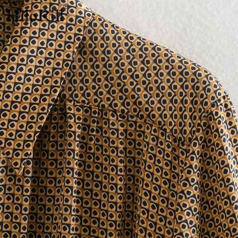 Lady Elegant Geometric Print Shirt Dress Long Sleeve Office Wear Bandage Pleated Chic Sundress Robe Femme 210508