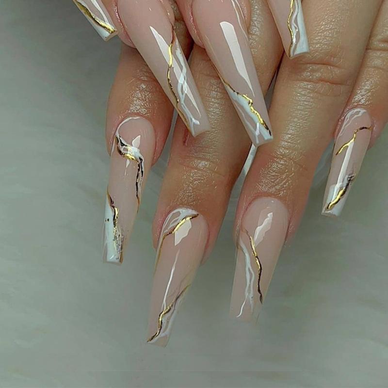 False Nails 24Pcs Press On Nude Pink Long White Gold Line Decals Coffin Fake Removable Ballerina Faux Manicure Tool, Red;gold
False Nails 24Pcs Press On Nude Pink Long White Gold Line Decals Coffin Fake Removable Ballerina Faux Manicure Tool, Red;gold