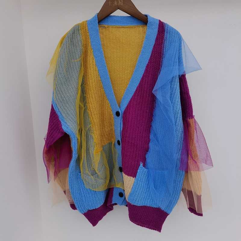 Autumn Women Loose Single Breasted Versatile Long Sleeve Panelled Patchwork Top Knitted Cardigan Sweater 8D731 211011Z