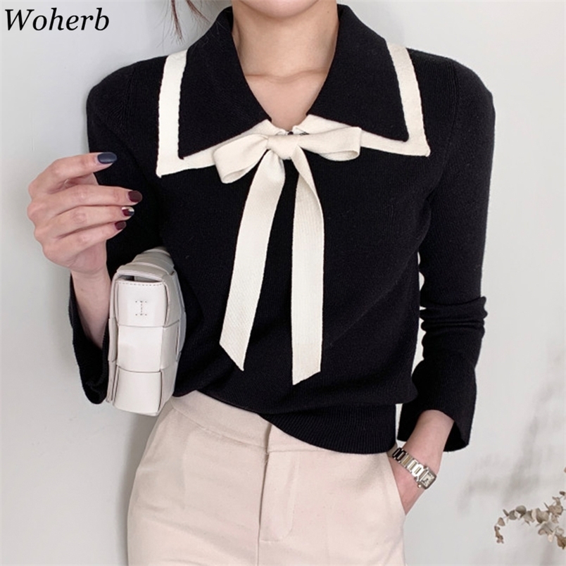 Casual Bow Bandage Women Sweater Korean Chic Contrast Color Female Knitted Sweaters Office Lady Slim Pullover Jumper 210519
