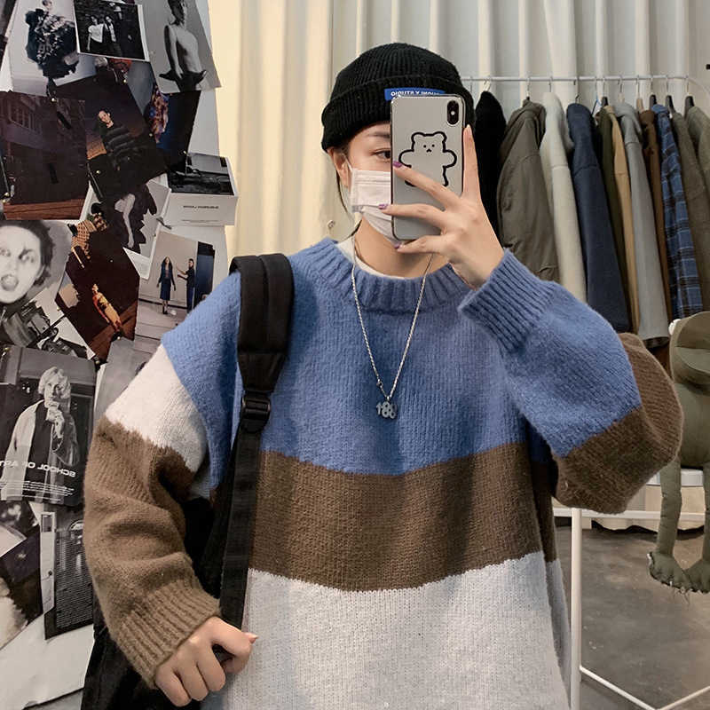 Sweater Men Streetwear Hip Hop Autumn Pull Spandex O-neck Oversize Couple Stitching Male Tops Vintage Knittwear Sweaters 211018