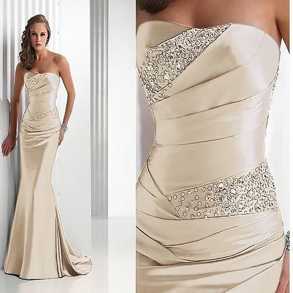 Elegant Silver Mermaid Evening Dress With Beaded Pleat African Floor Length Satin Long Prom Dresses 2022 Sexy Strapless Party Gowns Robe De Soirée Fem