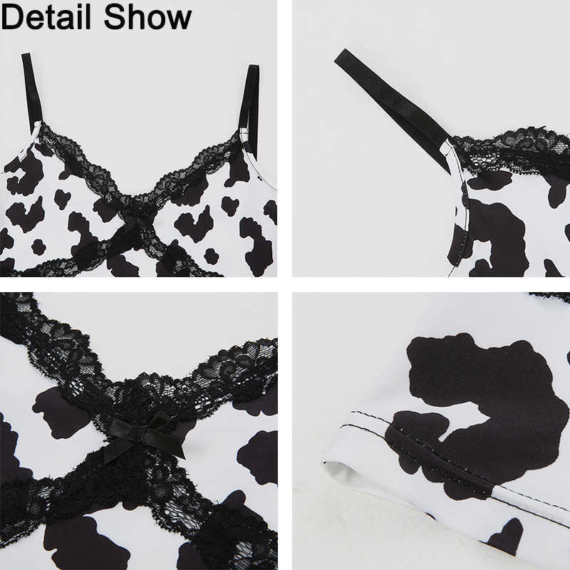 Rapwriter Vinrtage Lace Patckwork V Neck Milk Cow Print Strap Crop Tops Women Blackless Short Sexy Summer Tank Top Bow cami 210625