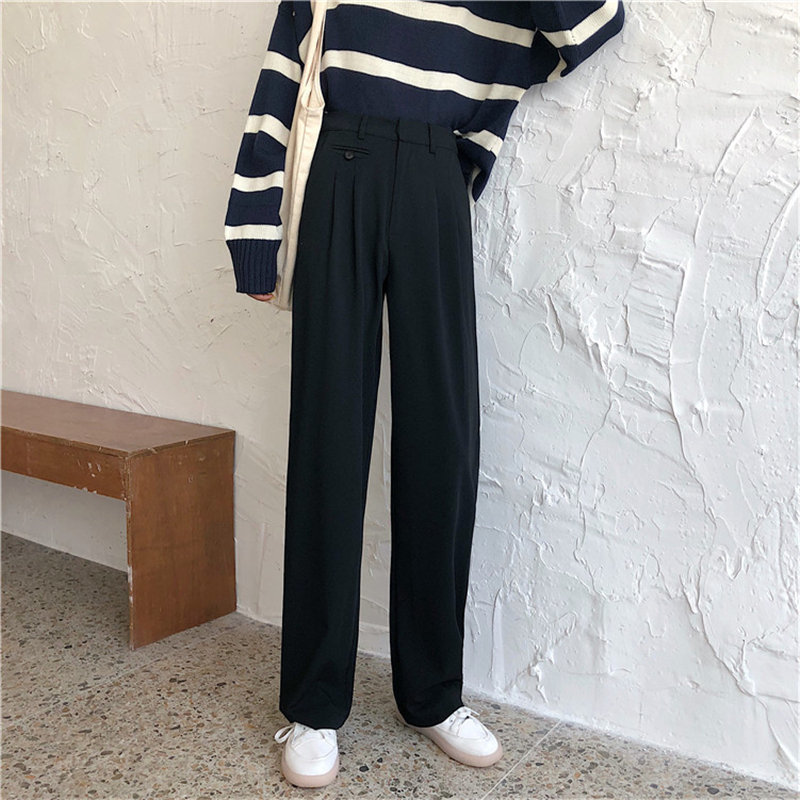 Large Size Full Length High Waist Slim Versatile Straight Korean Spring Retro Solid All Match Slender Pants 210421