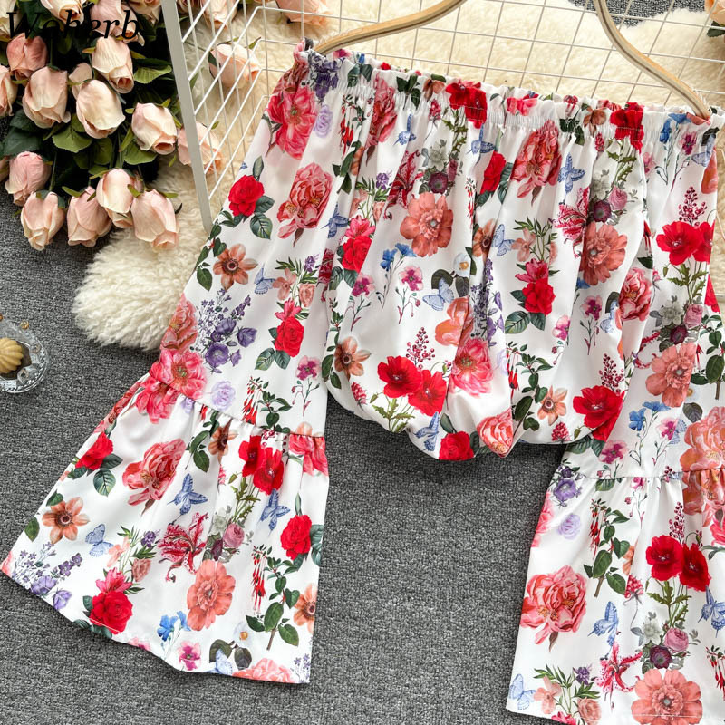 Sexy Off Shoulder Print Blouses Womens Slash Neck Elastic Pleated Shirts Summer Fashion Slim Fit Streetwear Short Tops 210519