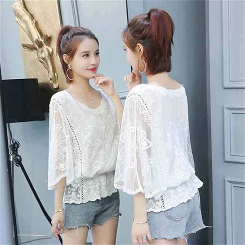 Summer Lace White short sleeve Women Blouse Plus Size Tops Batwing Sleeve Shirts s and Blouses 4478 50 210510