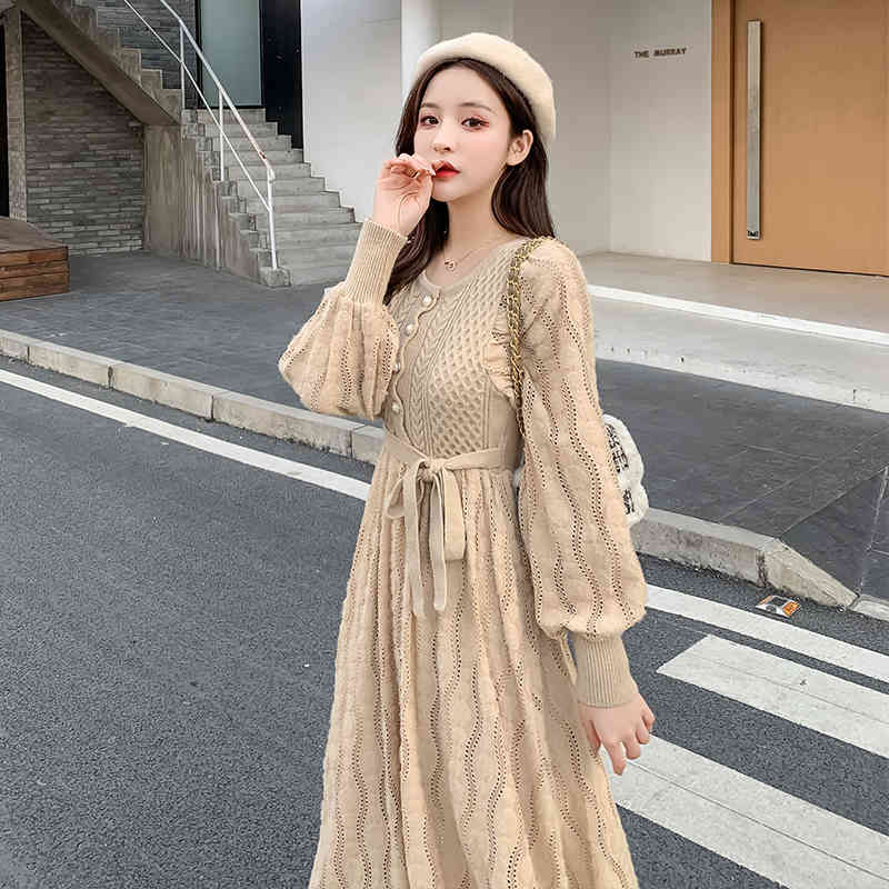 Autumn and Winter Temperament Slim Frenulum Single breasted Thickening Long sleeves Dress Patchwork lace 210506
