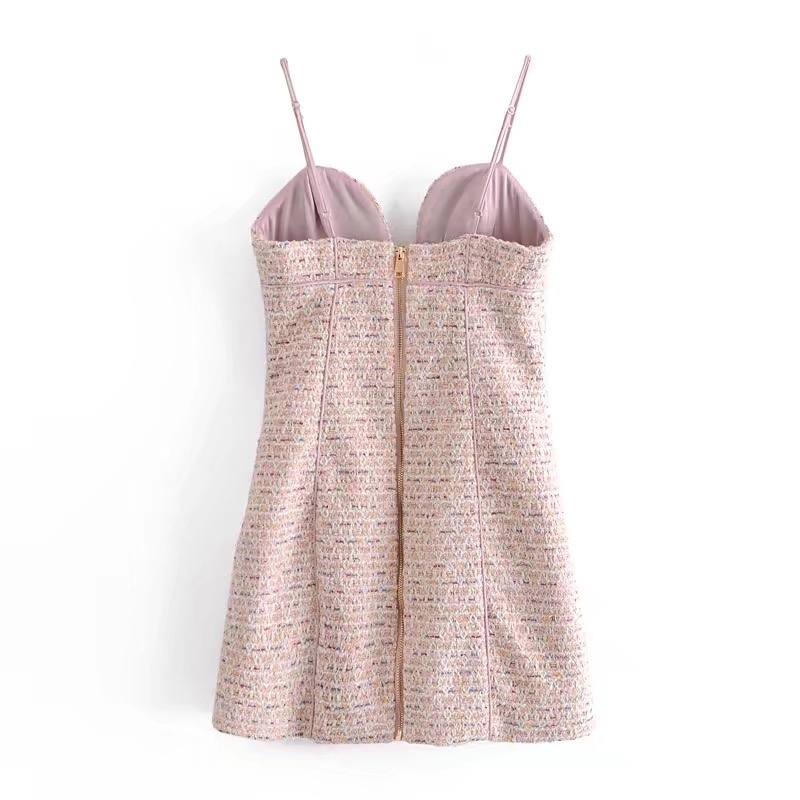 Sexy One Button Pink Weave Tweed Short Women Blazer Cropped Bra collar Spaghetti Strap Mini Dress Suits 2 Pieces Set Vintage 210429