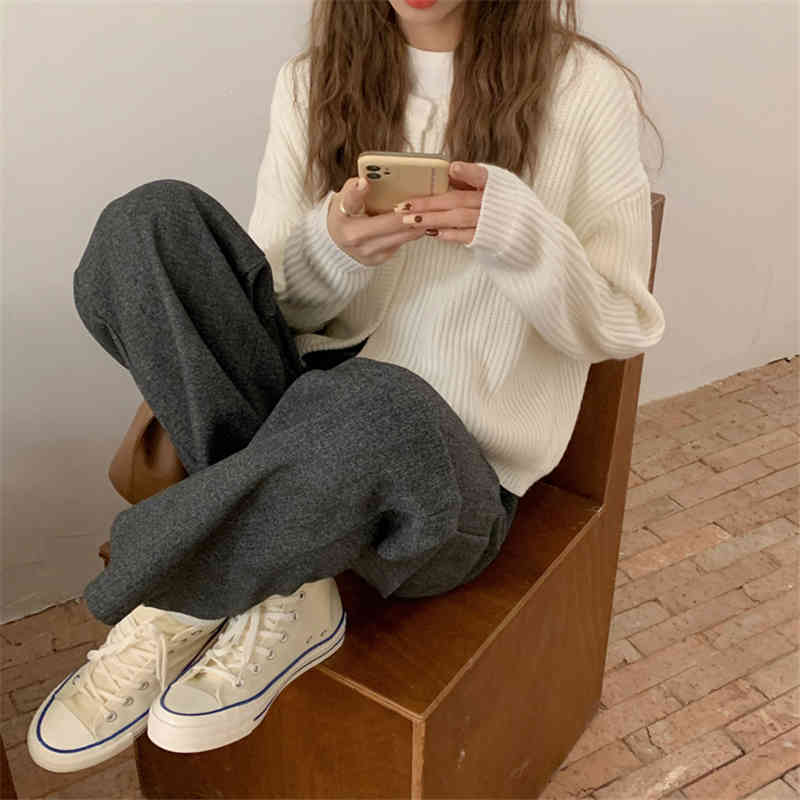 Black High Waist Straight Pants Women Solid Chic Woolen Elegant Minimalist All Match Casual Trousers 210421