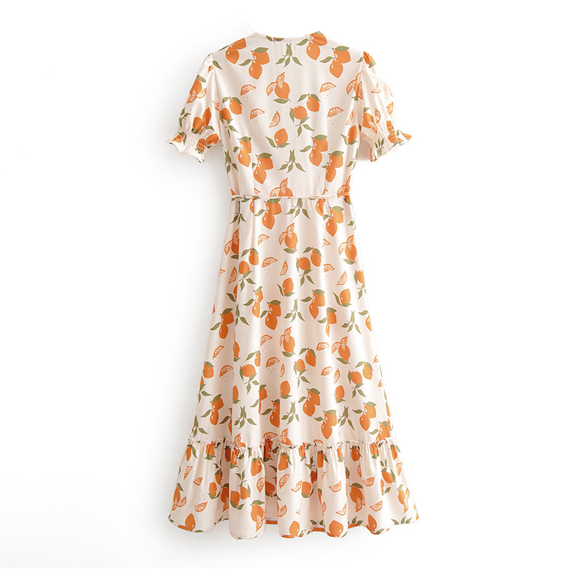 Women Lemon Print Dress Summer Ruffle V Neck Boho Beach Midi Ladies Short Sleeve A Line Casual Wrap es 210508