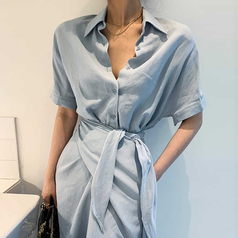 Korejpaa Women Dress Summer Korean Fashion Elegant Commute Solid Lapel Single-breasted Irregularly Tied Loose Shirt Dresses 210526