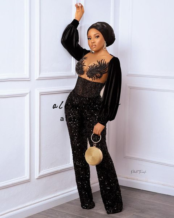 Royal Blue Black Sparkly Evening Jumpsuit Dresses Long Sleeve Plus Size African Lace Sequins Aso Ebi Prom Pant Suit koftan doubai robes de soirée