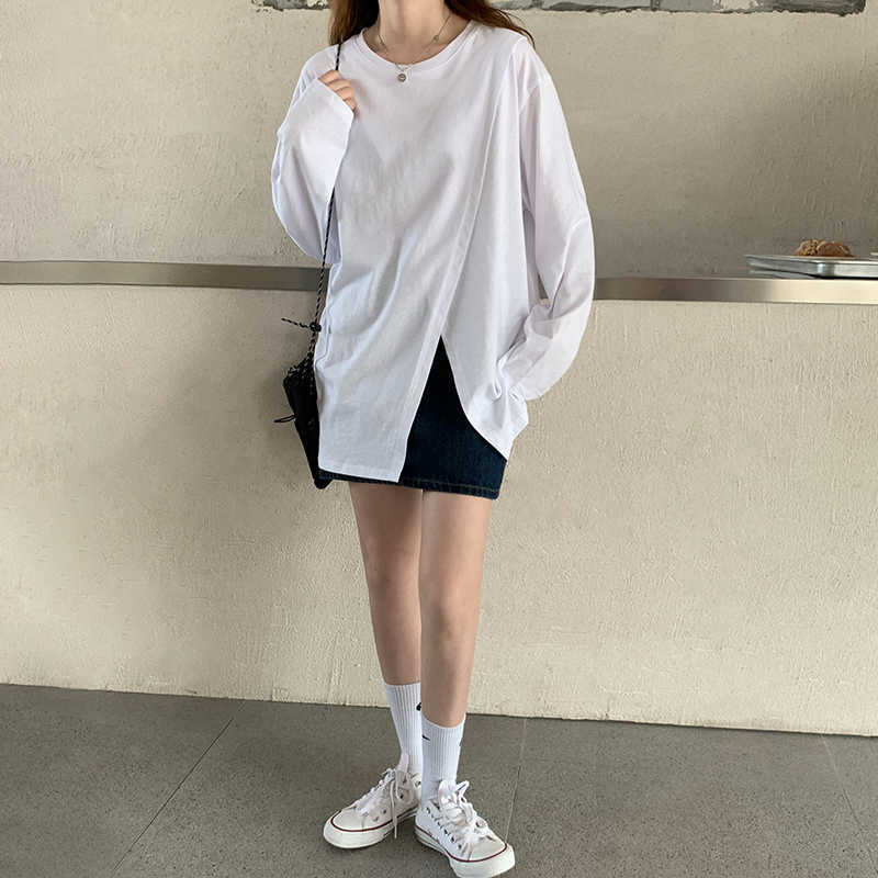 Spring and Summer Fashion Casual Loose Women's T-shirt Round Neck Cotton Side Slit Long-sleeved 210615Z