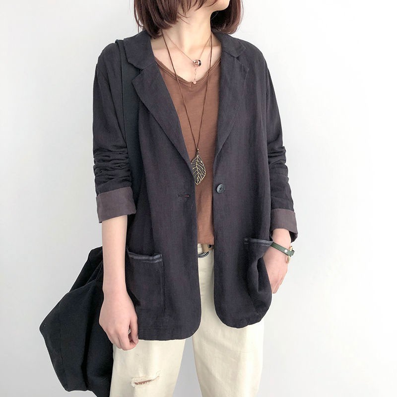 Autumn Arts Style Women Long Sleeve Single Button Loose Casual Blazer Double Pocket Vintage Linen Femme Coat M252 210512
