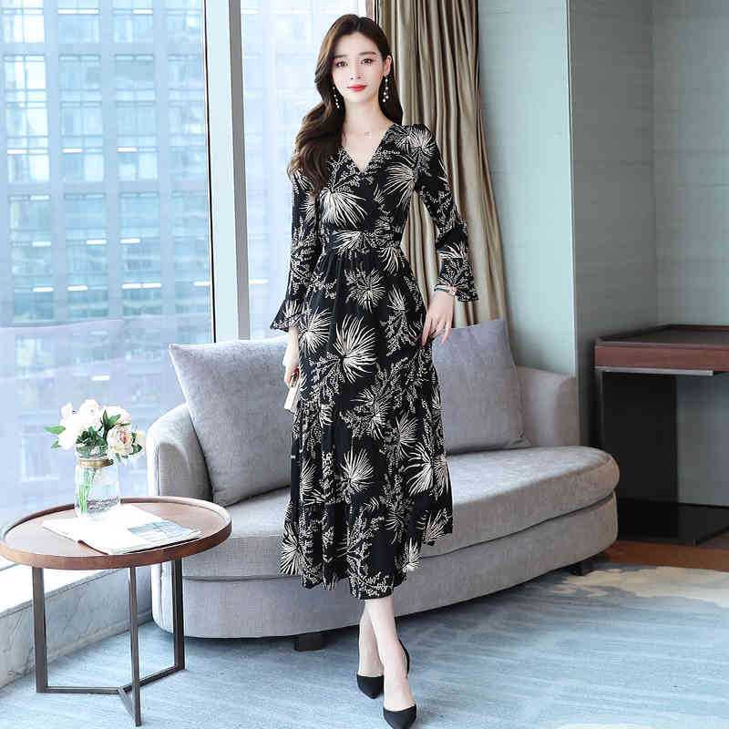 Black Print Chiffon Cover Belly Slimming Dress Female Fashion V-neck Long-sleeved Pullover Elastic Waist Comfortable 210514