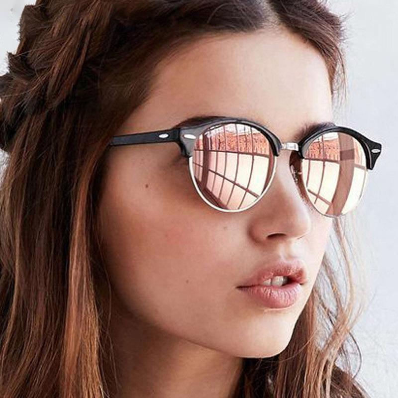 Sunglasses Half Frame Round Women Vintage Black Pink Sun Glasses Female Clear Lens Retro Rivet Fashoin Brand Eyeglasses
