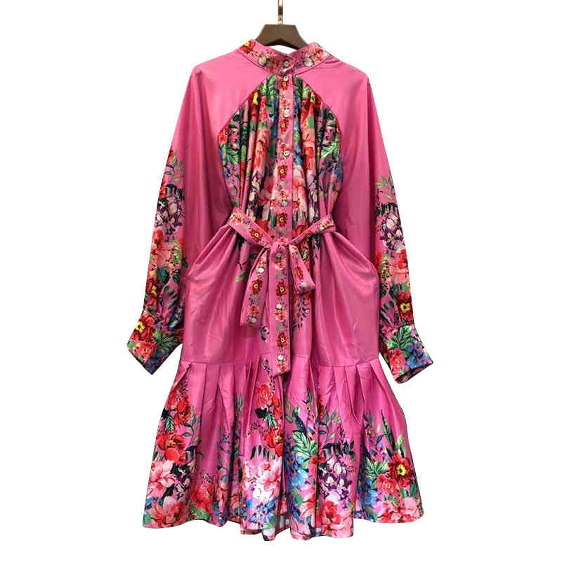 VGH Print Patchwork Ruffle Dress For Women Stand Collar Long Sleeve High Waist Lace Up Vintage Dresses Female Fashion Clothes 210421